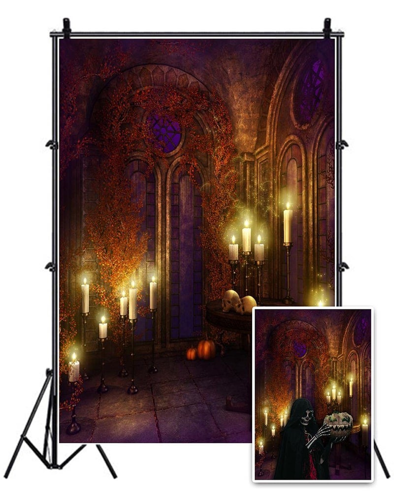 AOFOTO 4x6ft Vintage Dim Gothic Room Background Halloween Scary Skull Photography Backdrop Haunted Castle Interior Burning Candles Candlestick Fall Vines Ivy Photo Studio Props Girl Boy Kid Portrait - Image 1